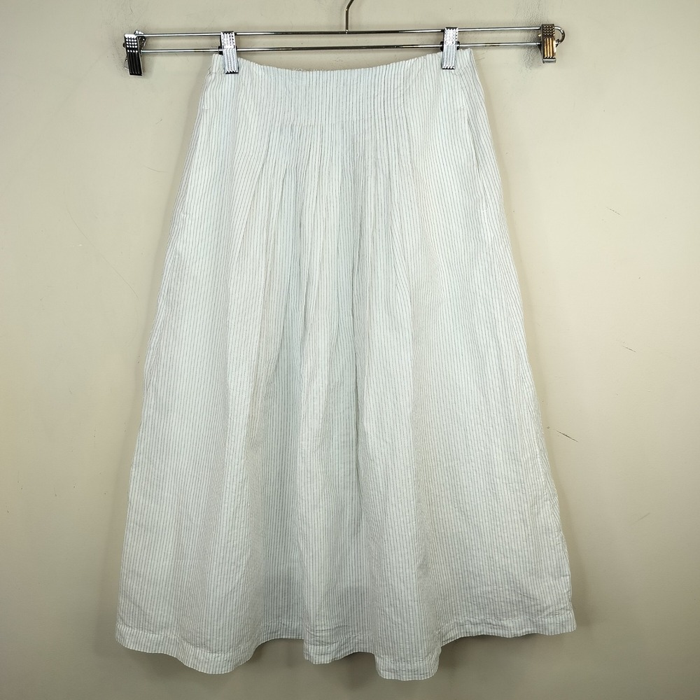 Uniqlo Linen Blend Tuck Long Skirt XS Womens White Pinsripe Pockets NEW